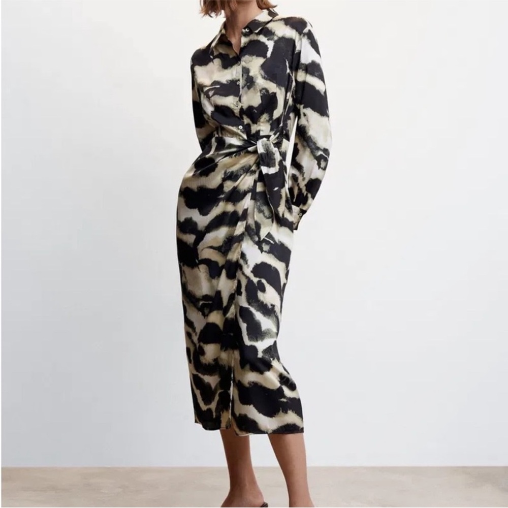 Mango Abstract Print Black & Cream Wrap Front Satin Midi Dress Business Casual